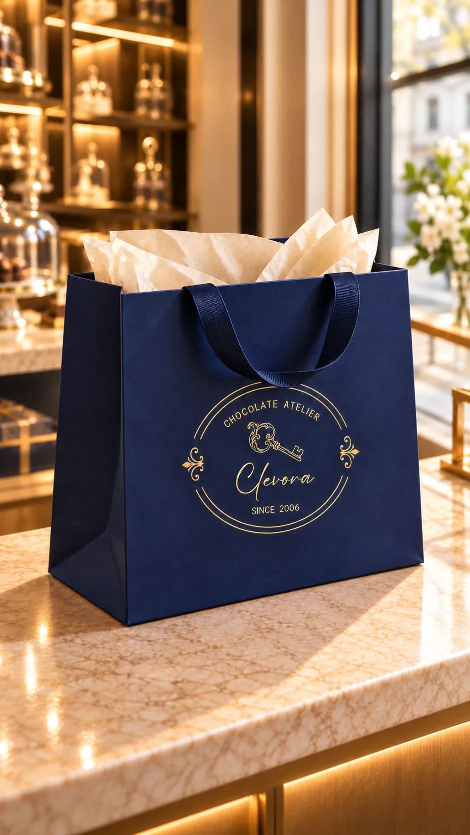 Clevora Chocolate Atelier logo in gold on a navy shopping bag