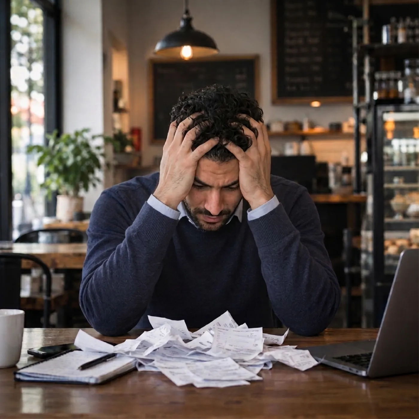 Stressed café owner holding his head over a pile of receipts