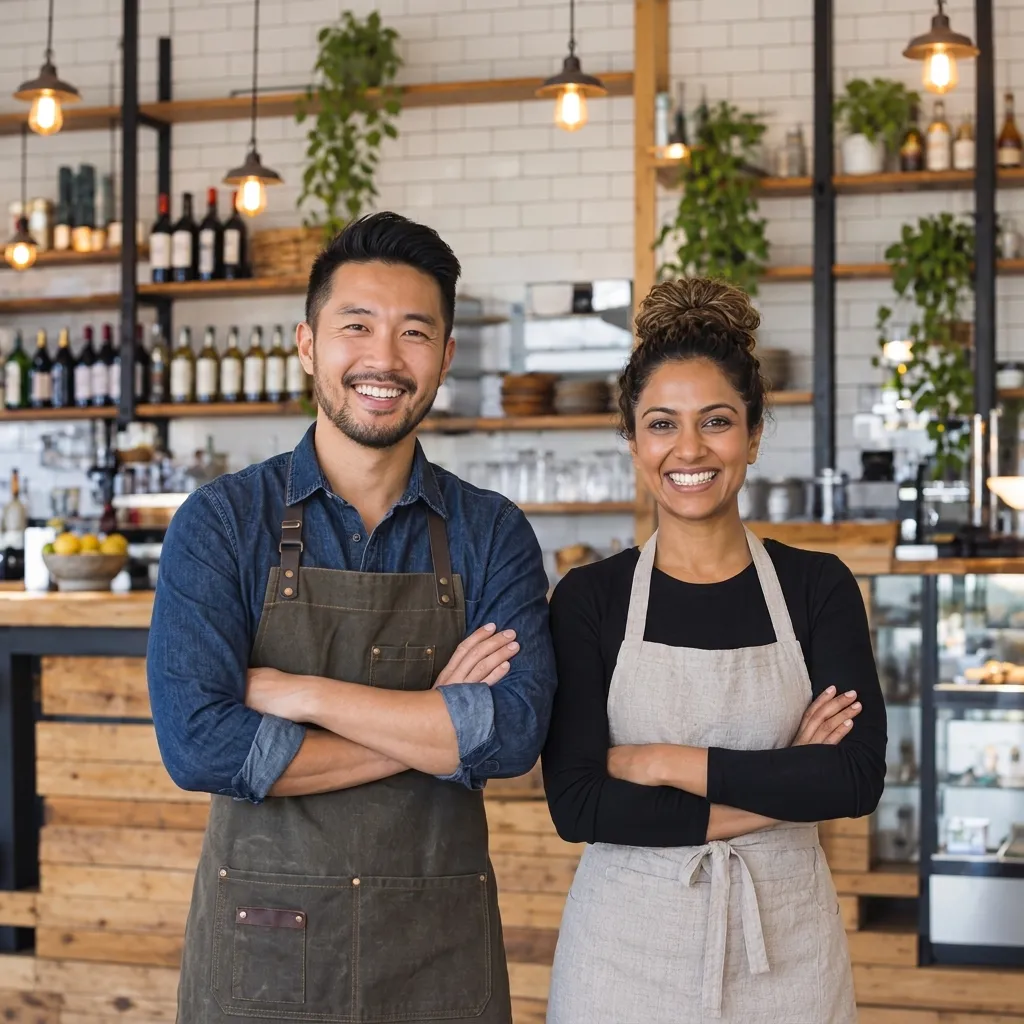 Two smiling café owners in aprons standing at their counter