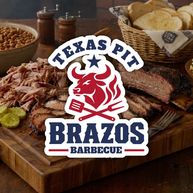 Brazos Barbecue logo over a tray of brisket and pulled pork